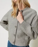 Grey-Beige Sequin Tweed Cropped Jacket