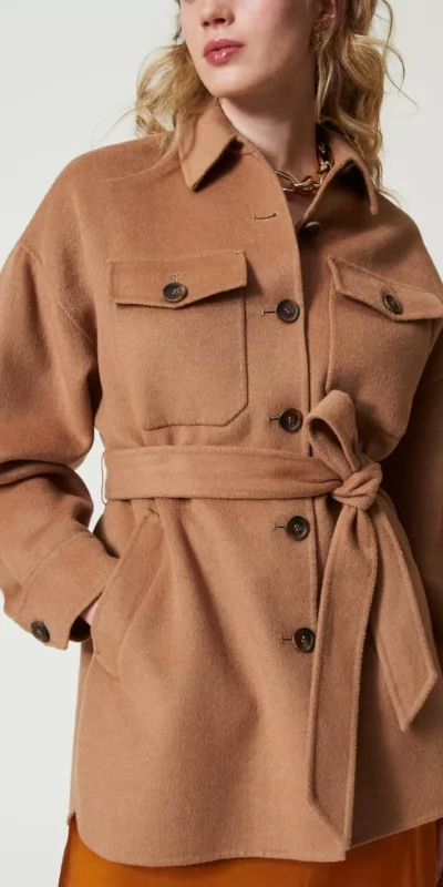 Camel Brown Belted Wool-Blend Jacket