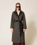 Black & Grey Striped Belted Long Coat