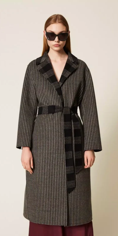 Black & Grey Striped Belted Long Coat