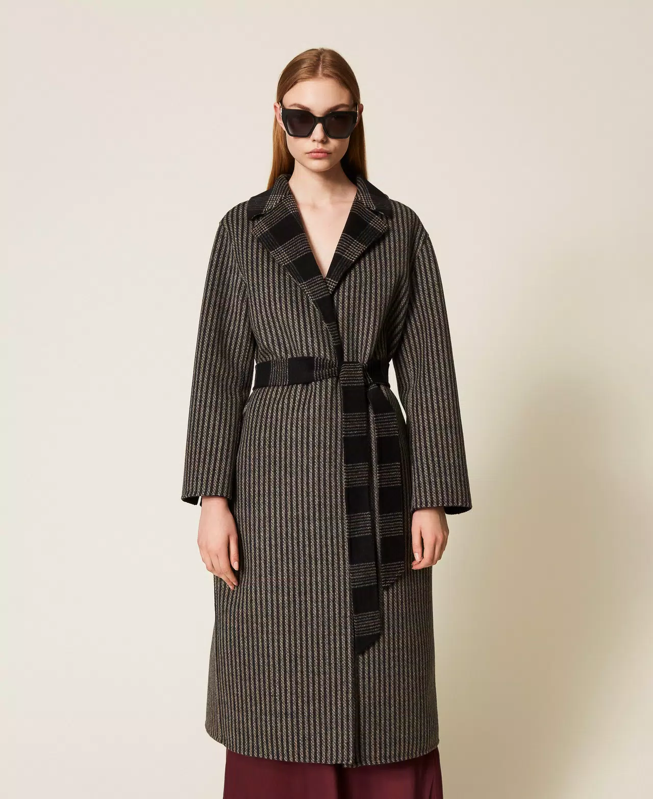 Black & Grey Striped Belted Long Coat