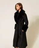 Black Faux Fur-Trimmed Belted Long Coat