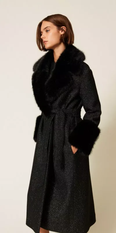 Black Faux Fur-Trimmed Belted Long Coat