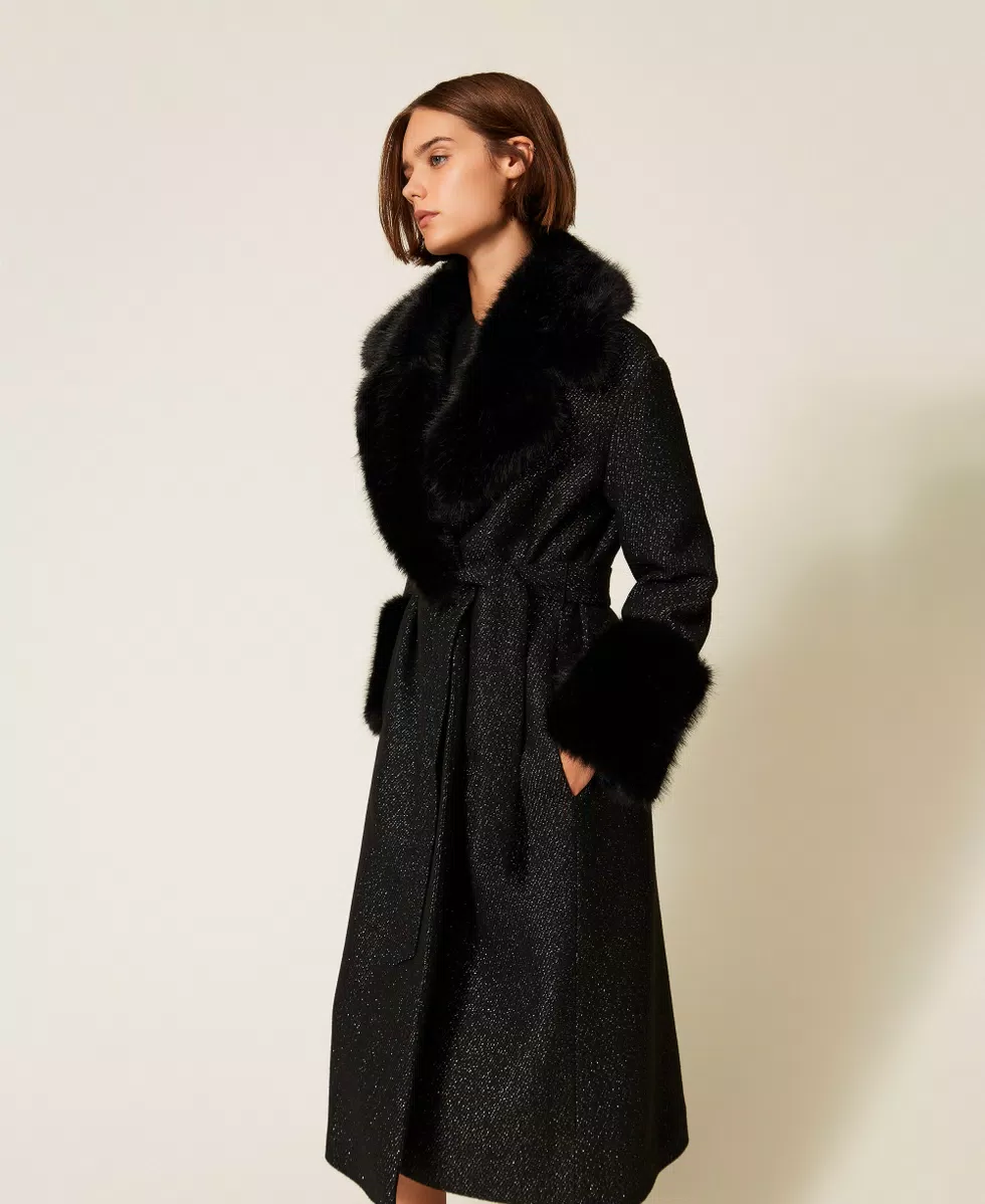 Black Faux Fur-Trimmed Belted Long Coat