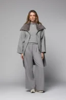 Grey Wool-Blend Mid-Length Coat with Contrast Collar