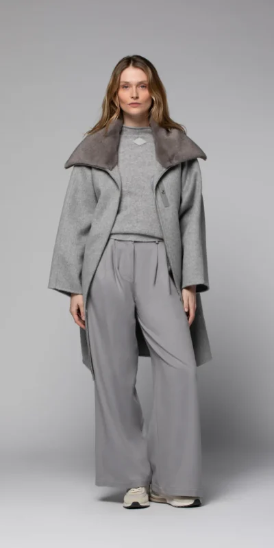 Grey Wool-Blend Mid-Length Coat with Contrast Collar