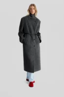 Charcoal Grey Belted Stand-Collar Long Coat