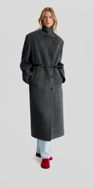 Charcoal Grey Belted Stand-Collar Long Coat