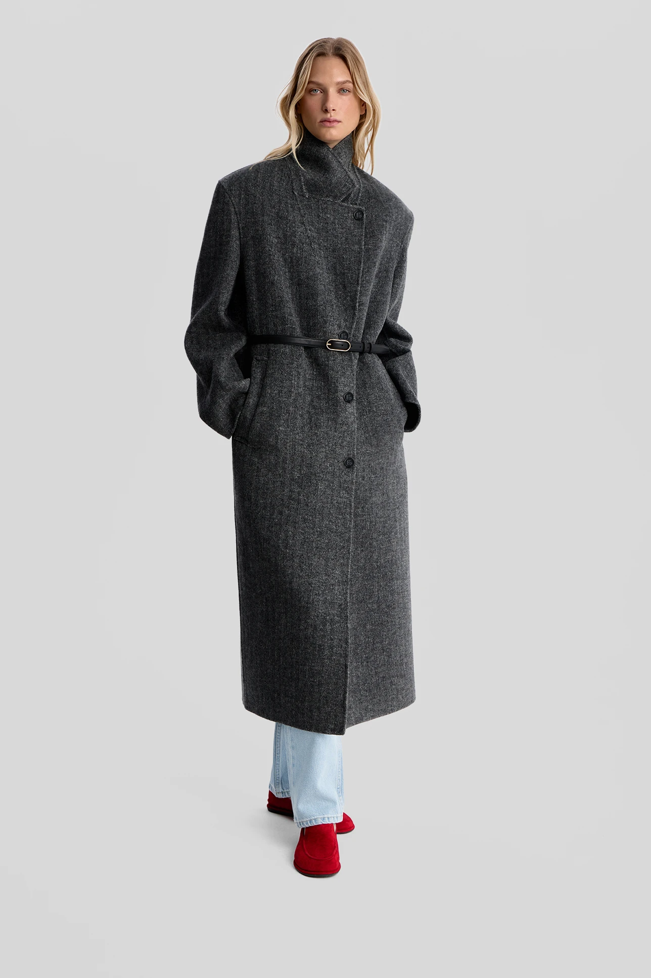 Charcoal Grey Belted Stand-Collar Long Coat