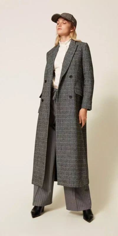 Plaid Double-Breasted Long Coat