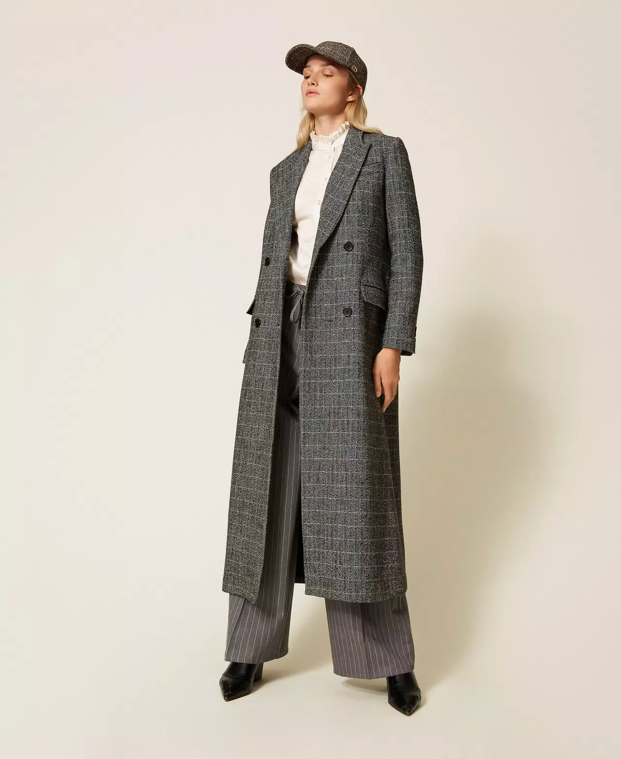 Plaid Double-Breasted Long Coat