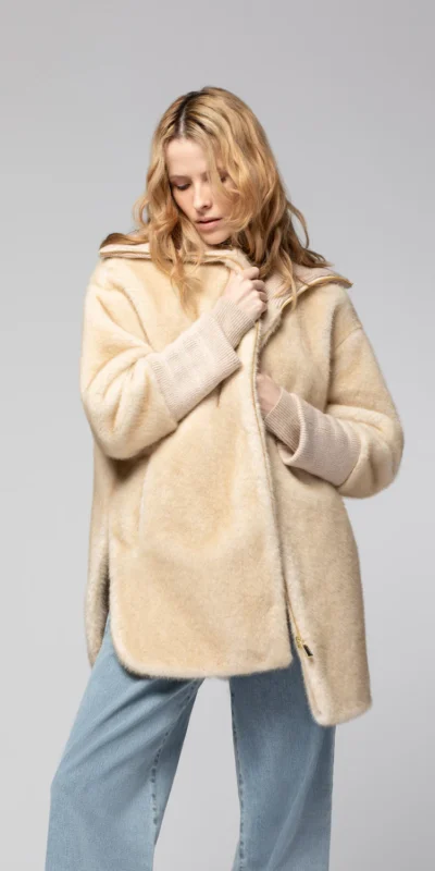 Cream Beige Zip-Front Faux Fur Jacket