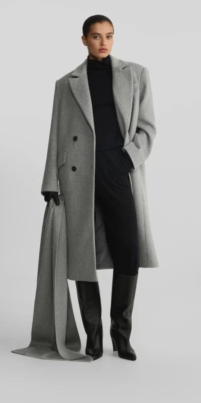 Grey Double-Breasted Long Wool Coat