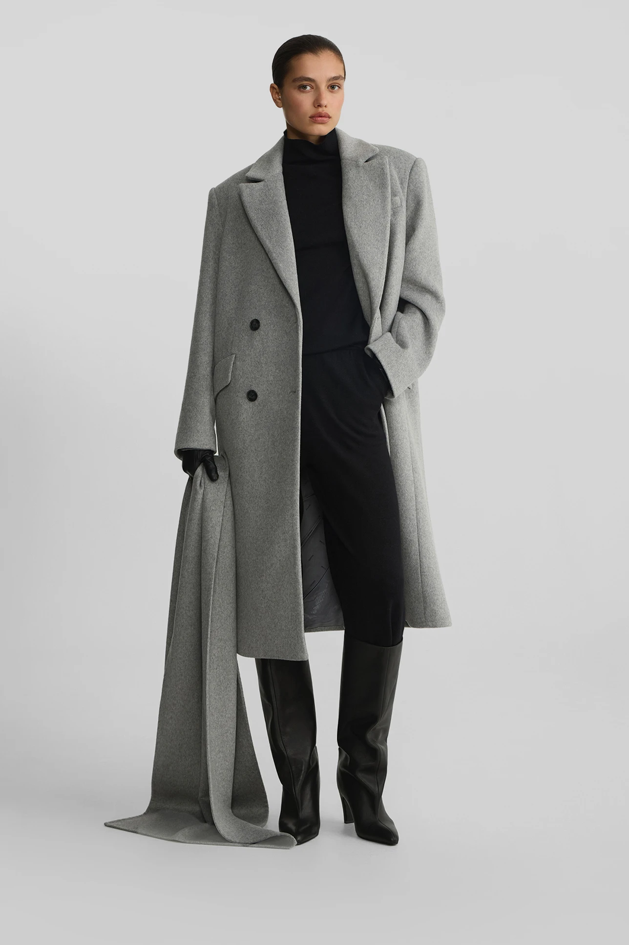 Grey Double-Breasted Long Wool Coat